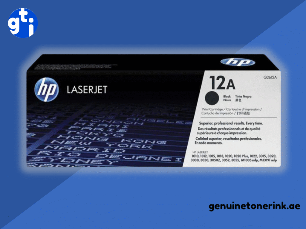 HP 12A Black (Q2612A) original toner cartridge, jo HP LaserJet printers ke liye bana hai, crisp aur reliable printing ke liye